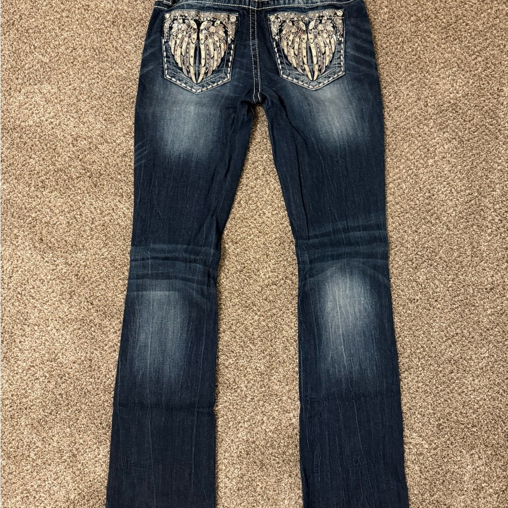 Miss Me Dark Blue Boot Cut Jeans with Embellished Pockets